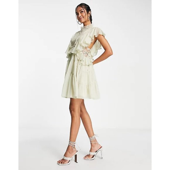 ASOS DESIGN Tiered Soft Mini Dress Lace Applique Bodice Ruffle Detail Formal NWT - Picture 4 of 4